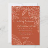 Modern Floral Peony Line Art Navy Oranje Leaf Kaart (Voorkant)
