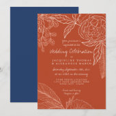 Modern Floral Peony Line Art Navy Oranje Leaf Kaart (Voorkant / Achterkant)