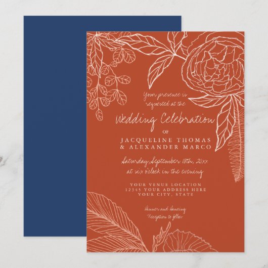 Modern Floral Peony Line Art Navy Oranje Leaf Kaart (Voorkant / Achterkant)