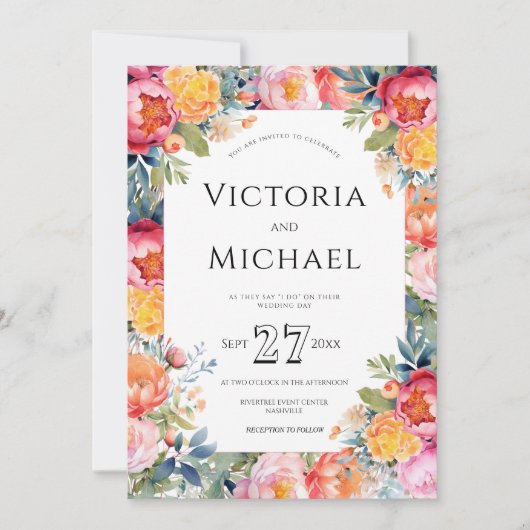 Modern Floral Peony Roze Bruiloft Sjabloon Kaart (Voorkant)