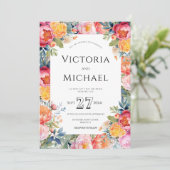 Modern Floral Peony Roze Bruiloft Sjabloon Kaart (Staand voorkant)