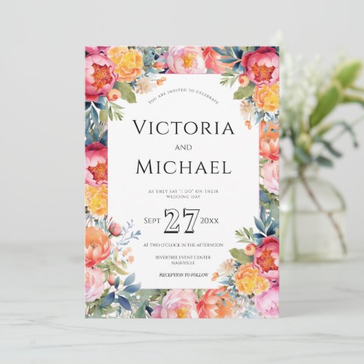 Modern Floral Peony Roze Bruiloft Sjabloon Kaart (Staand voorkant)