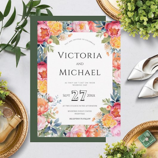 Modern Floral Peony Roze Bruiloft Sjabloon Kaart