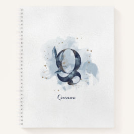 Modern Floral Personal Monogram Letter Q Blue Gold Notitieboek