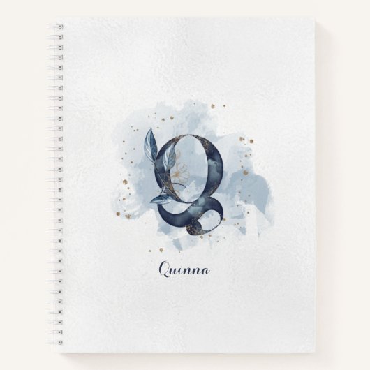 Modern Floral Personal Monogram Letter Q Blue Gold Notitieboek (Voorkant)