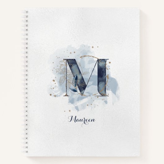 Modern Floral Persoonlijk Monogram Letter M Blauw  Notitieboek (Voorkant)