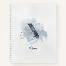Modern Floral Persoonlijk Monogram Letter N Blauw  Notitieboek