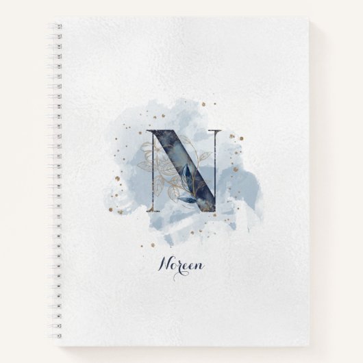 Modern Floral Persoonlijk Monogram Letter N Blauw  Notitieboek (Voorkant)