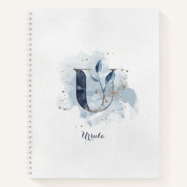 Modern Floral Persoonlijk Monogram Letter U Blauw  Notitieboek