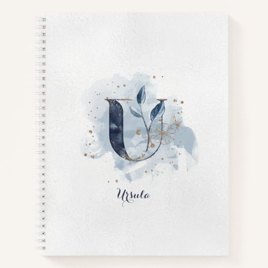 Modern Floral Persoonlijk Monogram Letter U Blauw  Notitieboek (Voorkant)