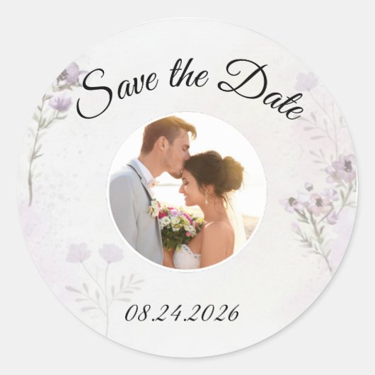 Modern Floral Photo Save the Date Ronde Sticker (Voorkant)