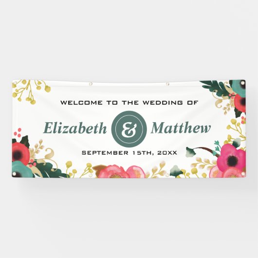 Modern Floral Pink Blauwgroen Banner (Horizontaal)