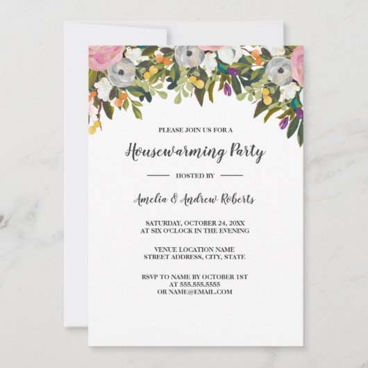 Modern Floral Pink Housewarming Invitation Kaart (Voorkant)