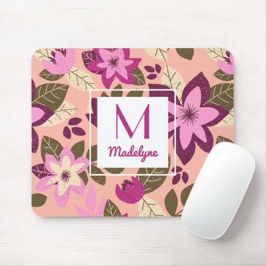 Modern Floral Pink Oranje Pattern Monogram Muismat (Met muis)
