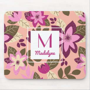 Modern Floral Pink Oranje Pattern Monogram Muismat