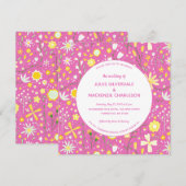 Modern Floral Pink Wedding Kaart (Voorkant / Achterkant)