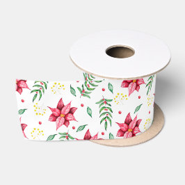 Modern Floral Poinsettia Waterverf Kerst Satijnen Lint