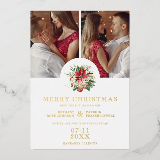 Modern Floral Poinsettias Bouquet Christmas Photos Folie Uitnodiging (Voorkant)