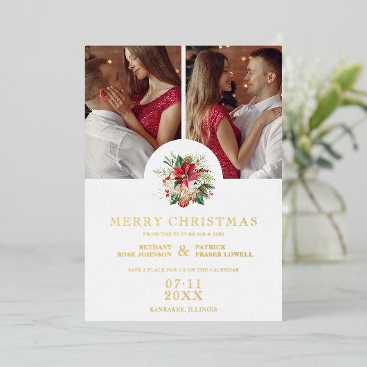 Modern Floral Poinsettias Bouquet Christmas Photos Folie Uitnodiging (Staand Voorkant)