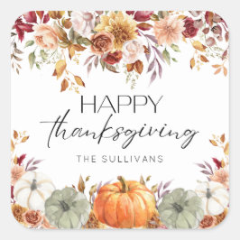 Modern Floral Pumpkin Rustic Happy Thanksgiving  Vierkante Sticker