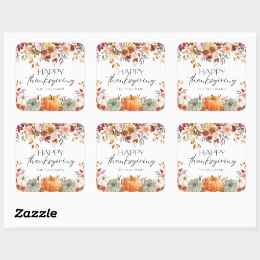 Modern Floral Pumpkin Rustic Happy Thanksgiving  Vierkante Sticker (Vel)