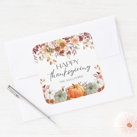 Modern Floral Pumpkin Rustic Happy Thanksgiving  Vierkante Sticker (Envelop)