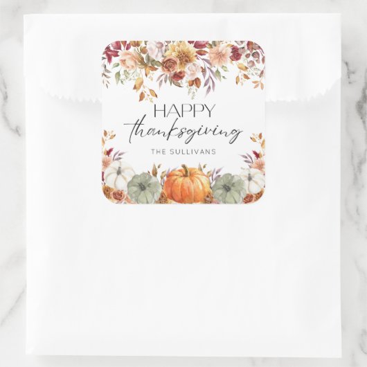 Modern Floral Pumpkin Rustic Happy Thanksgiving  Vierkante Sticker (Tas)