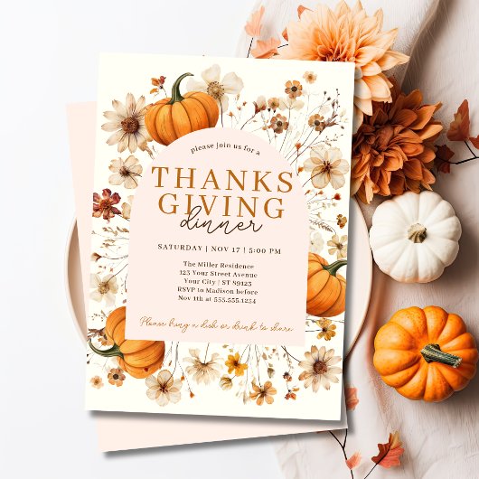 Modern Floral Pumpkin Thanksgiving Diner Kaart