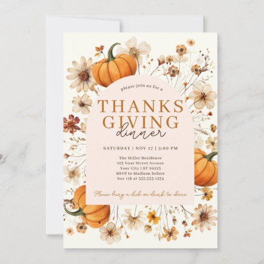 Modern Floral Pumpkin Thanksgiving Diner Kaart (Voorkant)