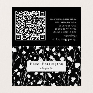 Modern Floral QR Gevouwen Visitekaartje Zwart Wit