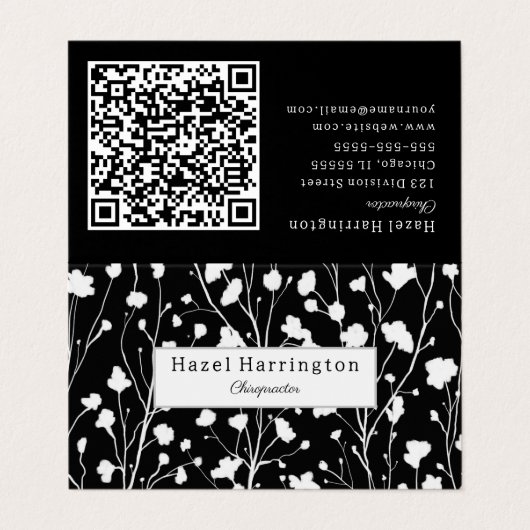 Modern Floral QR Gevouwen Visitekaartje Zwart Wit (Buitenkant ongevouwen)