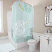 Modern Floral Ranunculus w Dragonflies Aqua Blue Douchegordijn (In situ)