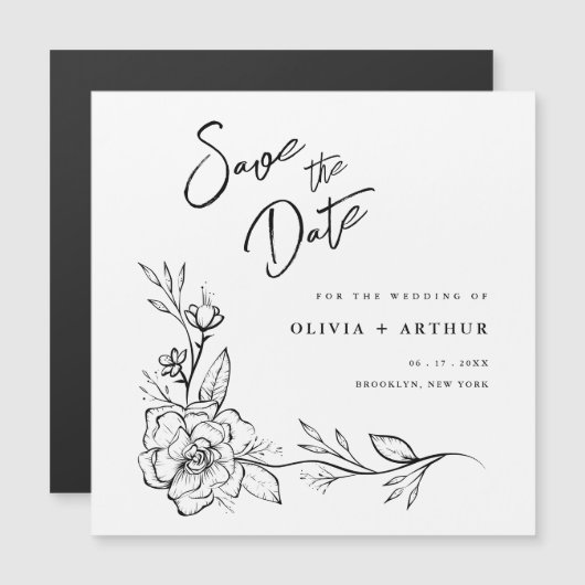 Modern Floral redt de datum van het huwelijk Magnetische Uitnodiging (Voorkant / Achterkant)