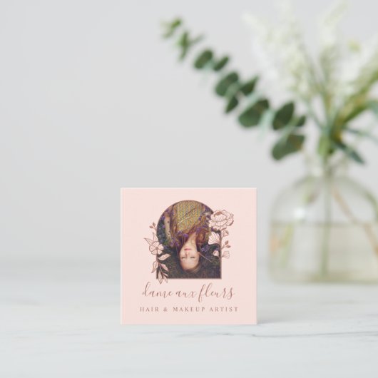 Modern Floral Roos Beauty Photo Arch Pink & Brown Vierkante Visitekaartje (Staand voorkant)