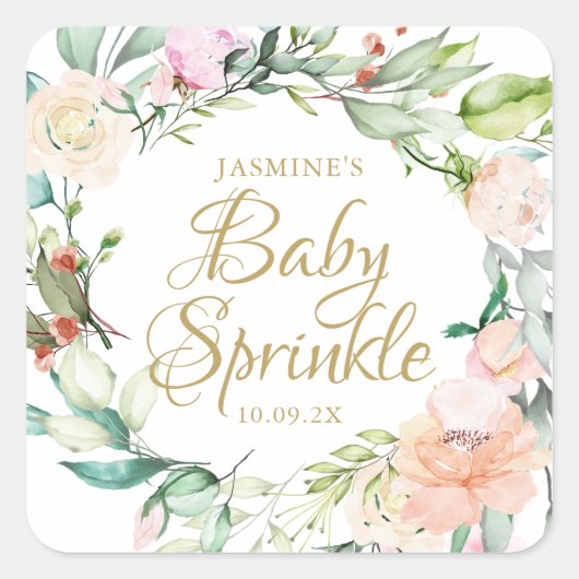 Modern Floral Roos Garland Baby Sprinkle Vierkante Sticker (Voorkant)