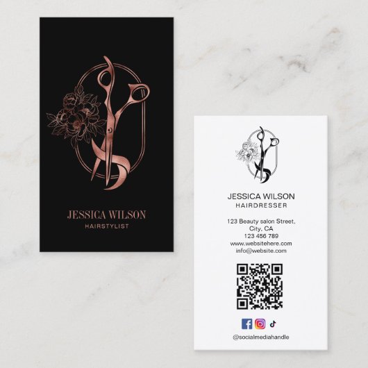 Modern Floral Roos Gold Haarstylist QR Code Visitekaartje (Voorkant / Achterkant)