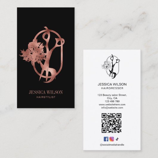 Modern Floral Roos Gold Haarstylist QR Code Visitekaartje (Voorkant / Achterkant)
