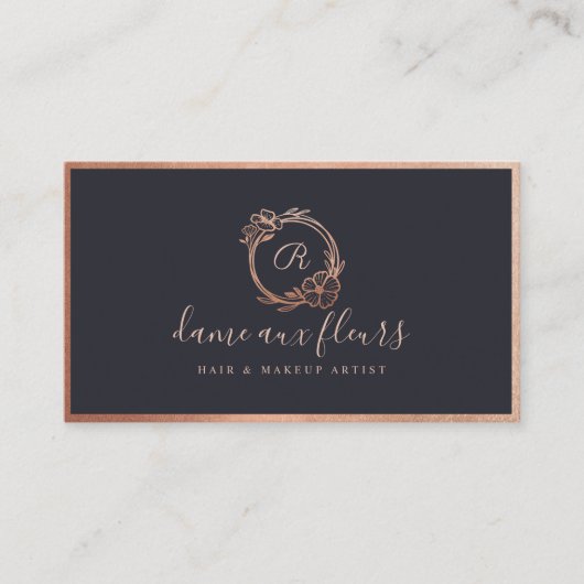 Modern Floral Roos Gold Monogram krans zwart Visitekaartje (Voorkant)