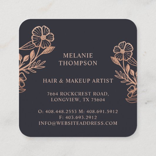 Modern Floral Roos Gouden Krans Zwart & Roos Goud Vierkante Visitekaartje (Achterkant)