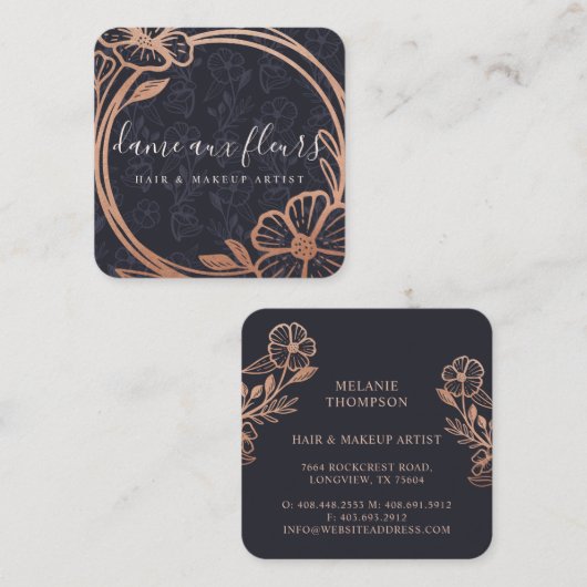 Modern Floral Roos Gouden Krans Zwart & Roos Goud Vierkante Visitekaartje (Voorkant / Achterkant)