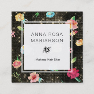 *~* Modern Floral Roos Pattern Gold Sequin Glitter Vierkante Visitekaartje
