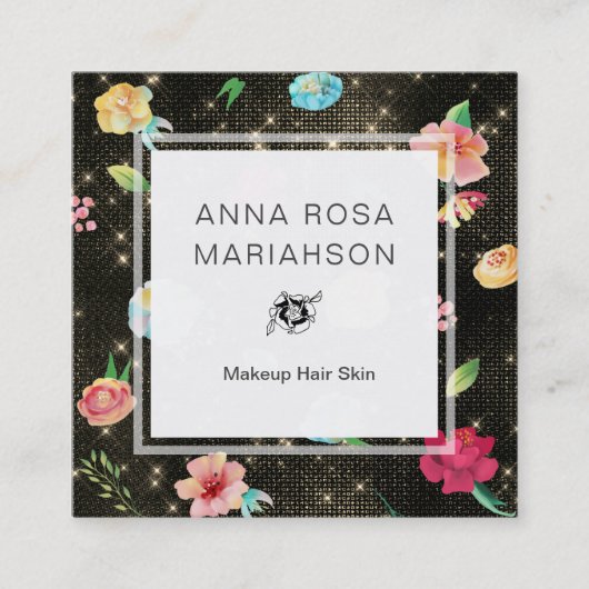 *~* Modern Floral Roos Pattern Gold Sequin Glitter Vierkante Visitekaartje (Voorkant)