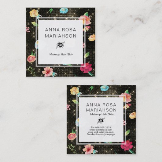 *~* Modern Floral Roos Pattern Gold Sequin Glitter Vierkante Visitekaartje (Voorkant / Achterkant)