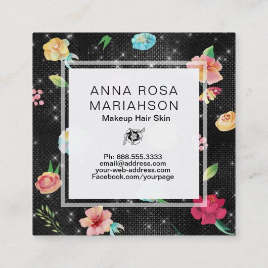 ** Modern Floral Roos Pattern Silver Glitter Vierkante Visitekaartje (Achterkant)