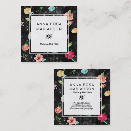 ** Modern Floral Roos Pattern Silver Glitter Vierkante Visitekaartje (Voorkant / Achterkant)