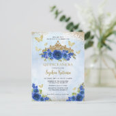 Modern Floral Royal Blue Gold Tiara Quinceañera Briefkaart (Staand voorkant)