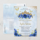 Modern Floral Royal Blue Gold Tiara Quinceañera Briefkaart (Voorkant / Achterkant)