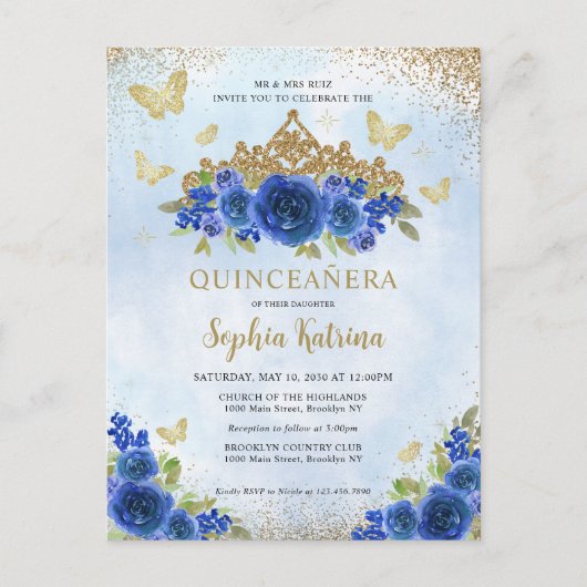 Modern Floral Royal Blue Gold Tiara Quinceañera Briefkaart (Voorkant)