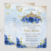 Modern Floral Royal Blue Gold Tiara Quinceañera Kaart (Voorkant / Achterkant)