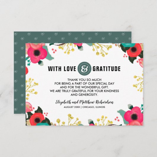 Modern Floral Roze Blauwgroen bruiloft bedankje Bedankkaart (Voorkant / Achterkant)